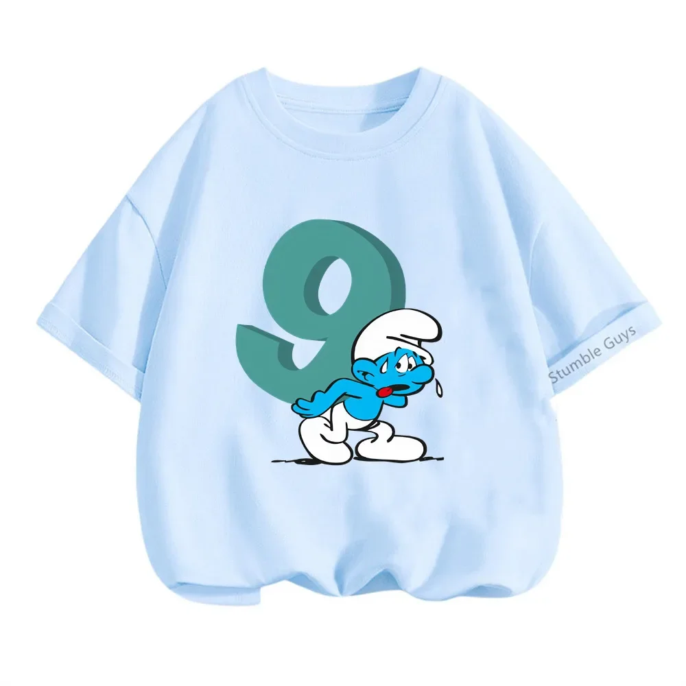 Maglietta Smurfs per bambini maglietta estiva per cartoni animati numero di compleanno 3-9 stampa t-shirt a maniche corte Set vestiti per ragazzo