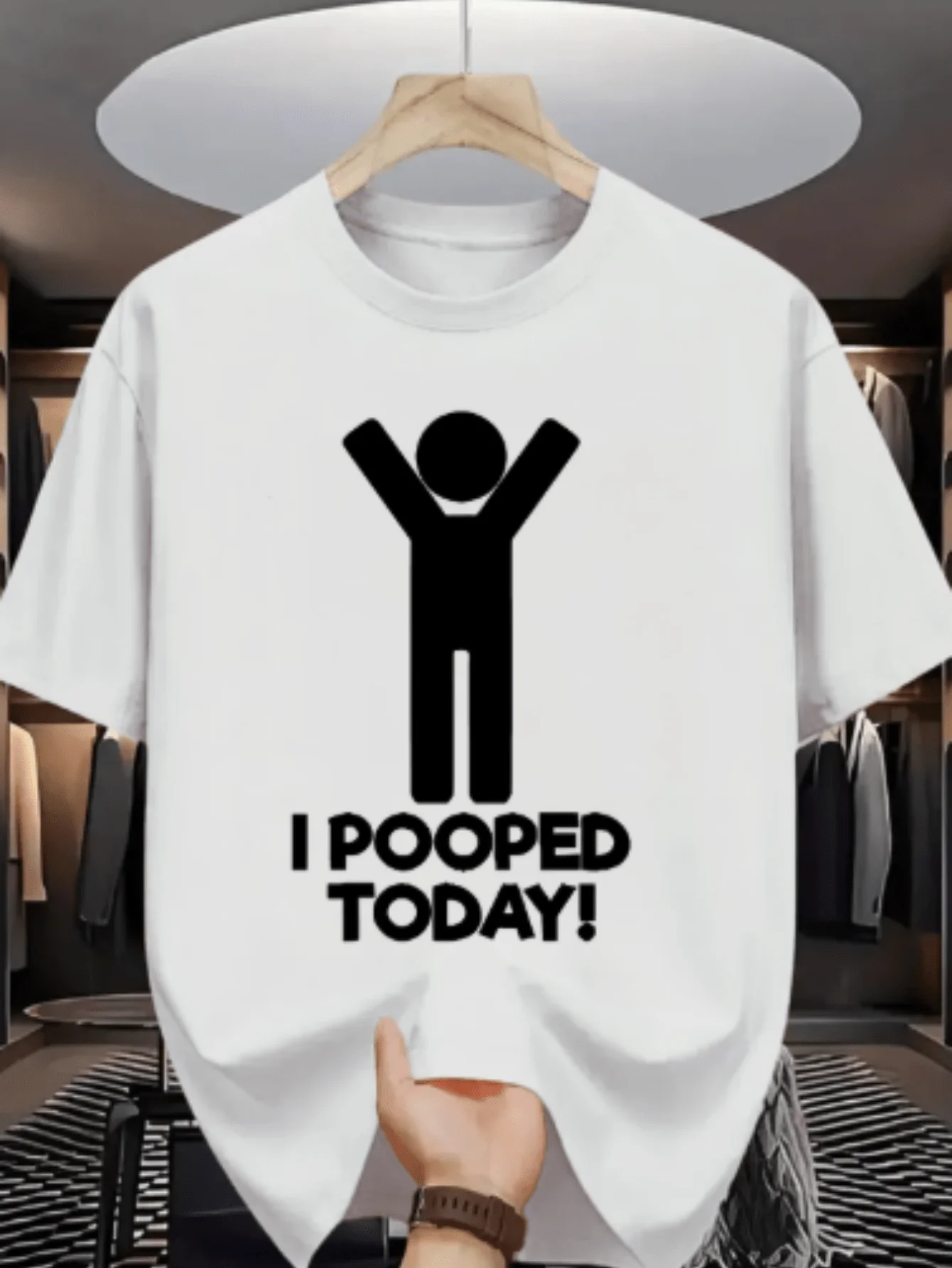 Men Charcoal Crew Neck Tee Minimal White Raised Arms Stick Figure I Pooped Today Odd Funny Self Care Humor Soft Cotton Male Tops