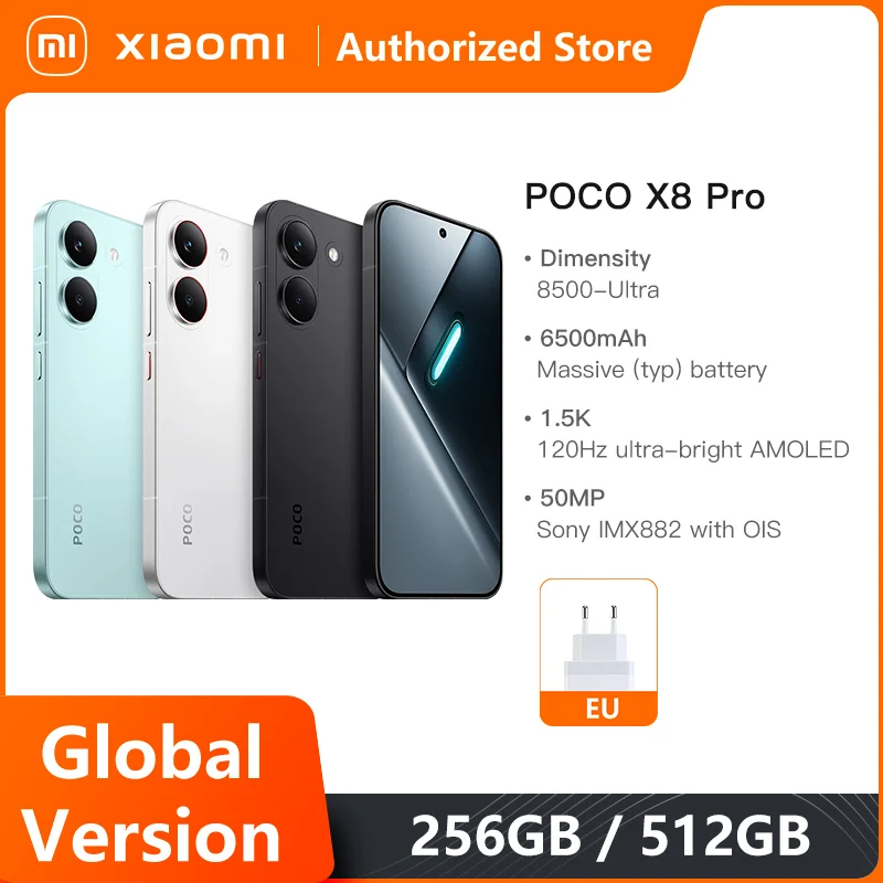 Versão Global POCO X8 Pro 5G Smartphone com Tela AMOLED Ultra-Brilhante de 120Hz 1.5K Dimensity 8500-Ultra NFC 50MP