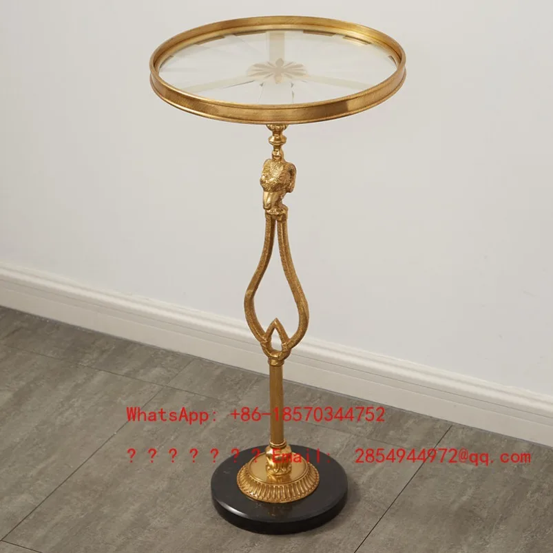 

French Retro Light Luxury All-copper Leisure Balcony Drinking Tea Small Round Table Art Glass Corner Table