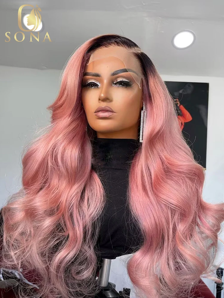 

32 34 Inch Dark Roots Light Pink Green Colored Human Hair Pre Plucked 13x4 13x6 HD Transparent Lace Frontal Wig With Body Wave