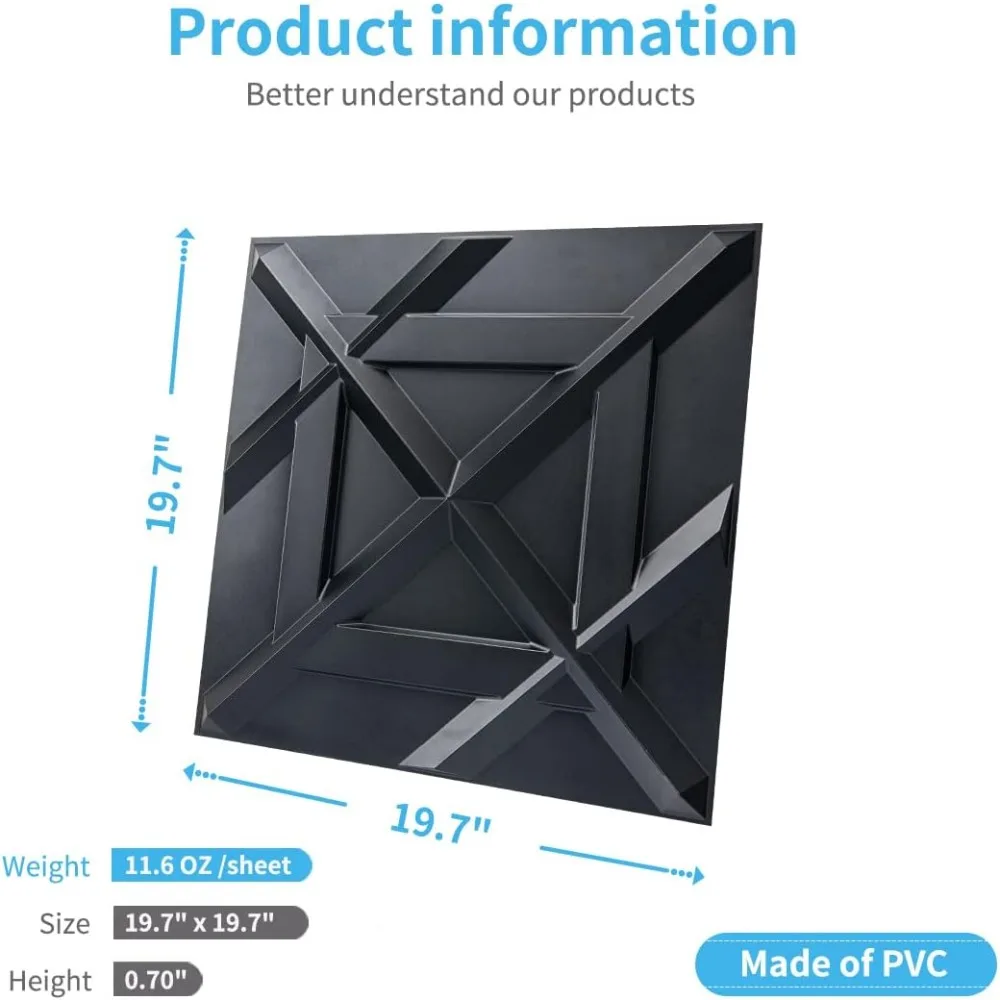 PVC 3D ウォールパネル、装飾壁タイル、ブラック、12枚入り、19.7x19.7