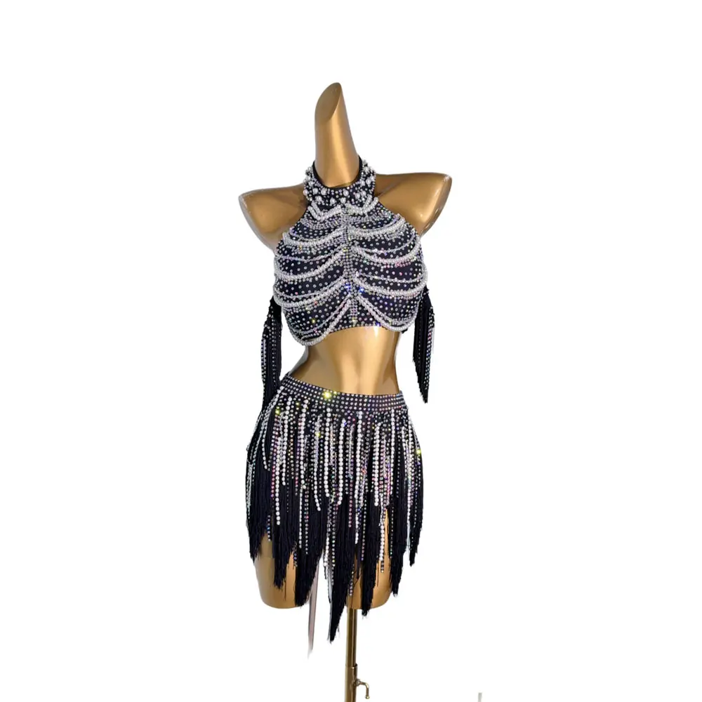 Dança latina adulto crianças vestido ab pedra high-end personalizado preto e branco borla tango roupas profissionais femininas