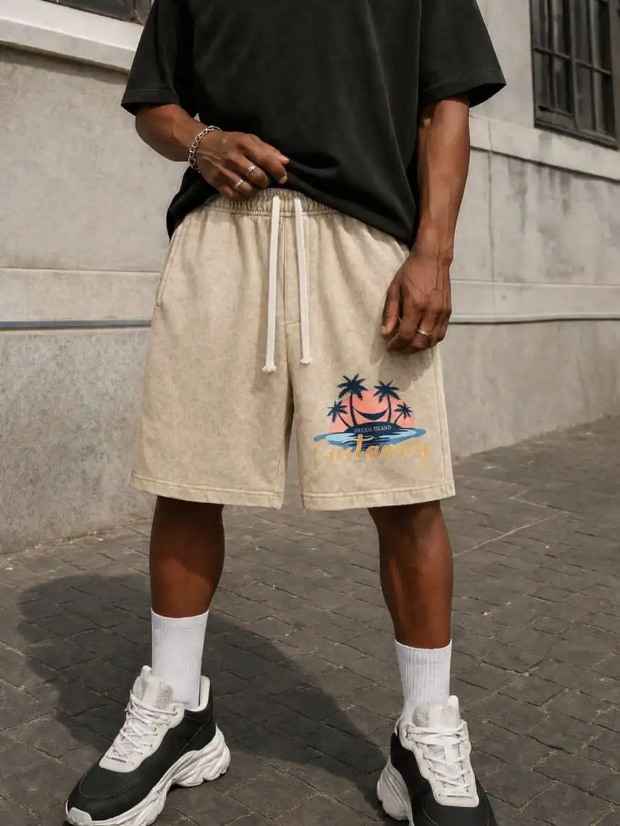 Men Casual Beach Shorts With Graphic Print, Loose Fit Drawstring Waist Summer Streetwear