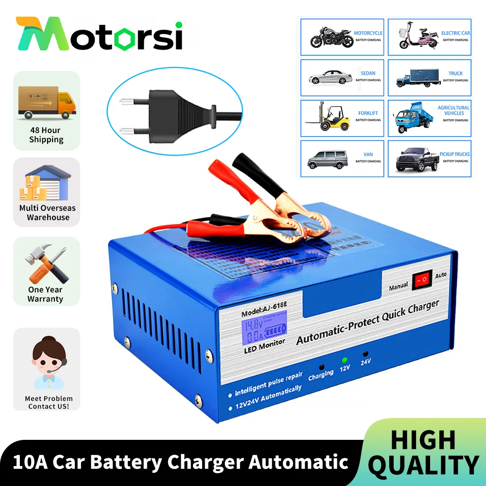 Motorsi – chargeur de batterie de voiture 10A, démarreur de réparation d'impulsion Intelligent automatique avec pinces crocodile pour camion moto tondeuse à gazon