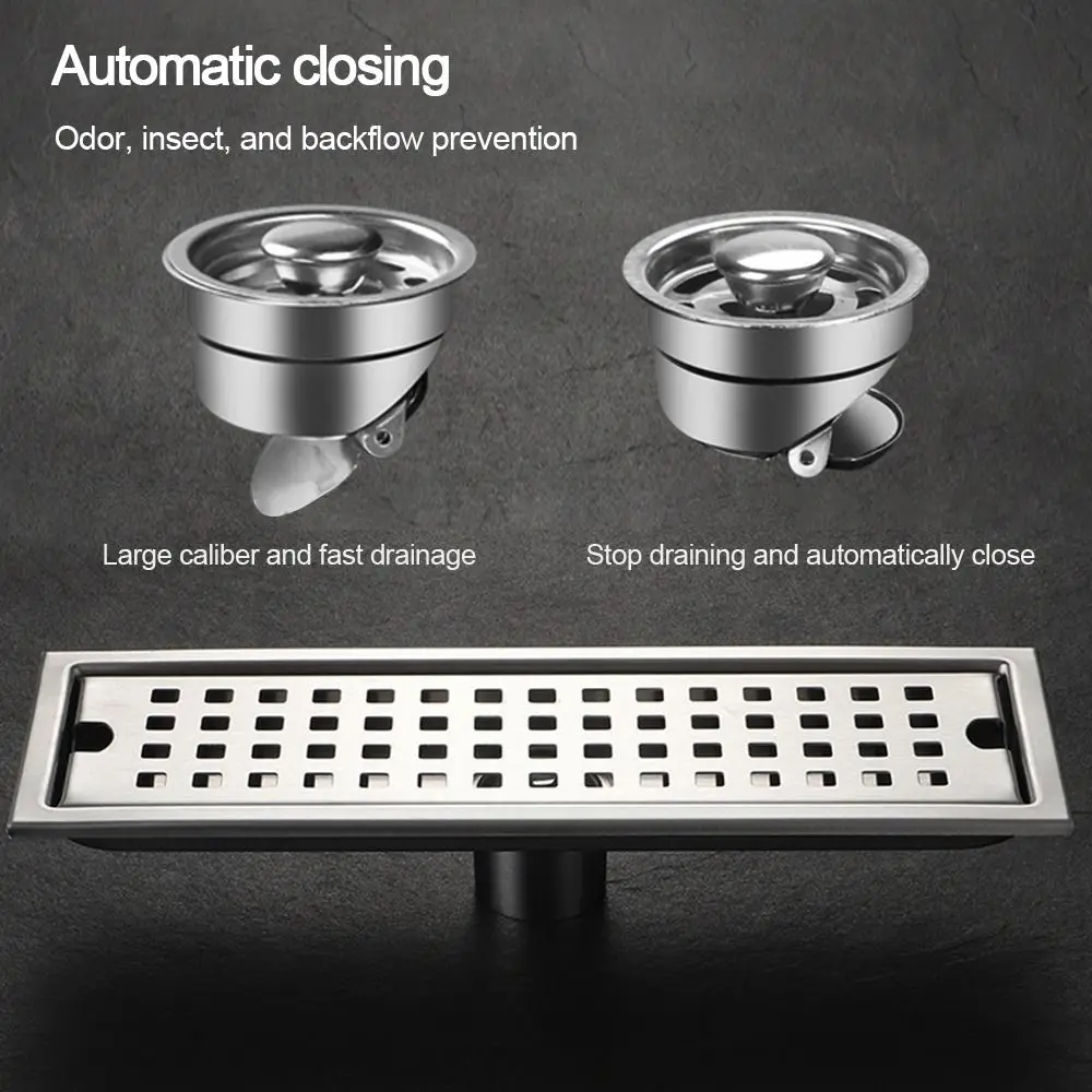 20-50cm Anti-Odor Stainless Steel Shower Floor Drain Bathroom Rectangle Linear Floor Drainage Floor Drain with Strainer Cover