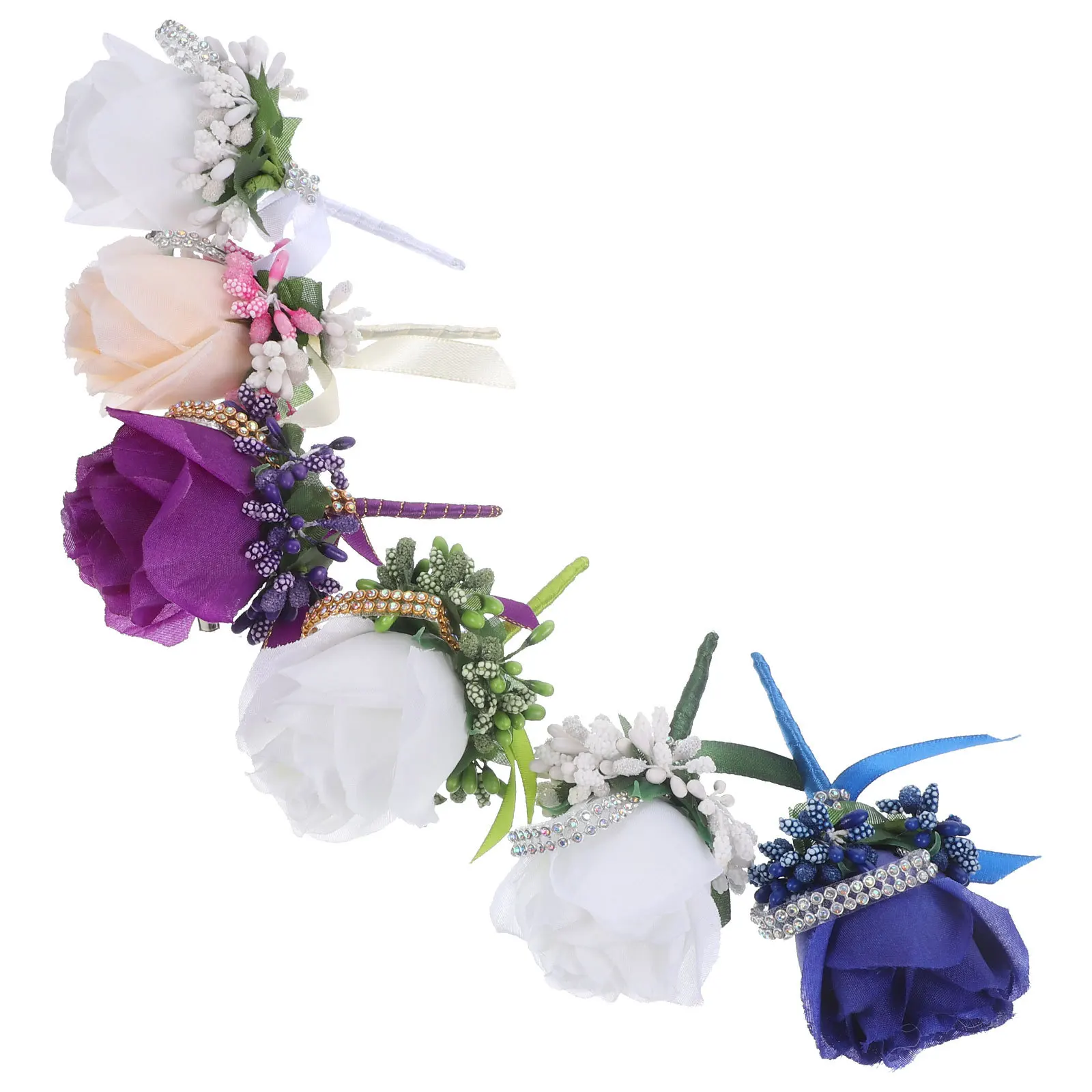 6Pcs Wedding Corsage Set Rhinestone Decorated Boutonniere Artificial Flower Chest Pin for Bridal Party Banquet Decoration