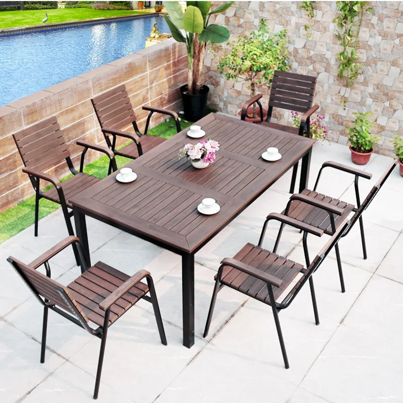 Outdoor rain-proof and sun-proof solid wood tables and chairs outdoor courtyard leisure long table combination