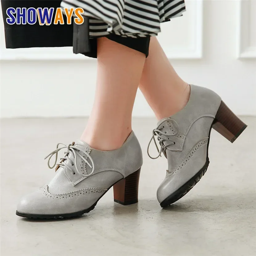 British Women High Chunky Heels Fretwork Pumps Green Grey Round Toe Brogues Dress Office Lady Oxfords Retro Preppy Lace Up Derby