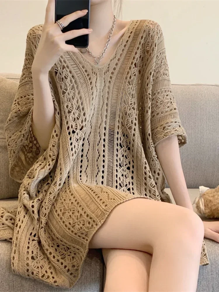 Korejepo Korean Reducing Age Top Slimming Fashionable Cut Out Knit Shirt Women Summer T-shirt Versatile Cover Up Clothes