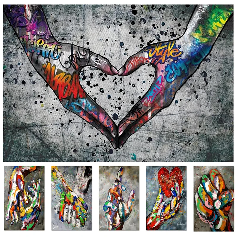 

Banksy Graffiti Art Hand in Hand Canvas Painting Colorful Hand Gesture Posters and Prints Abstract Wall Art Pictures Home Decor