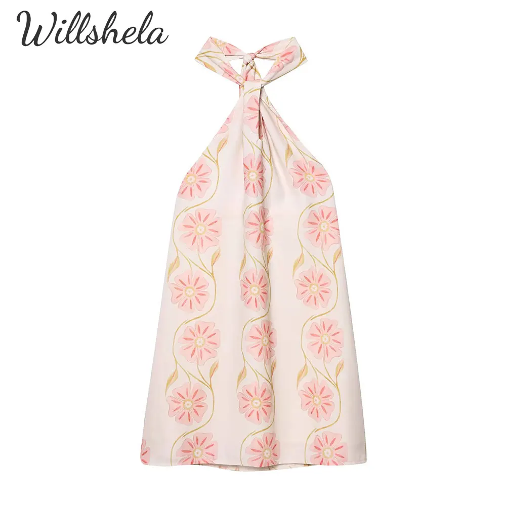 

Willshela Women Fashion Printed Halter Neck Backless Camisole Dress with Bowknot Neck Female Chic Lady Casual Mini Vestidos