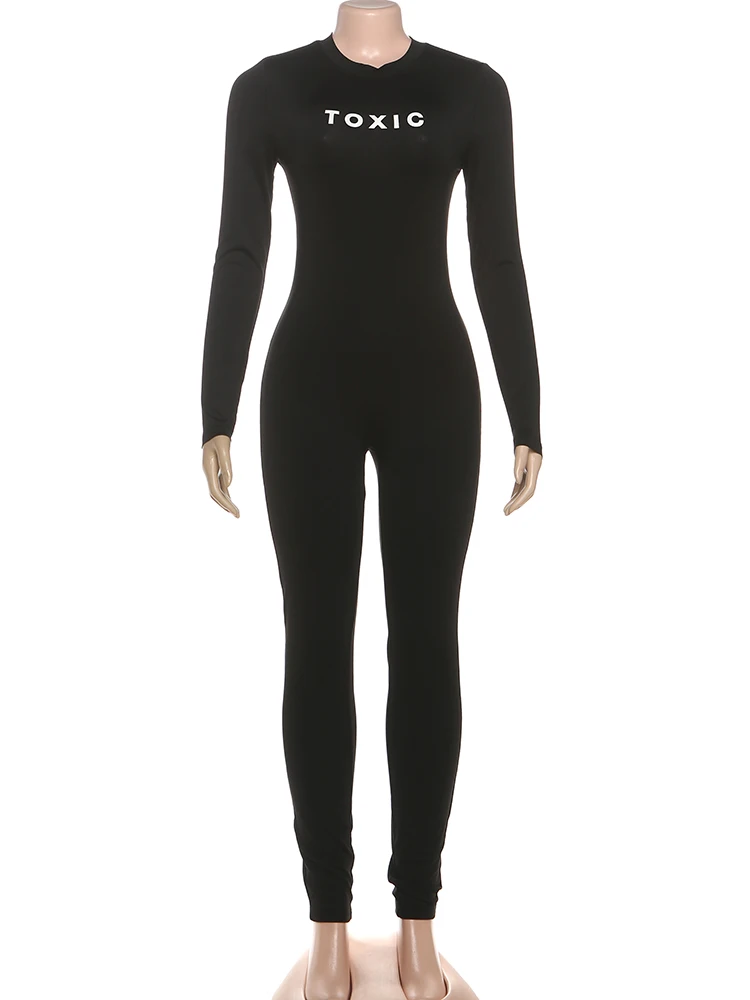 Combinaison avec lettres de chat bizarre pour femmes, Fitness, décontractée, manches longues, fermeture éclair, classique, extensible, slim, entraînement, salopette d'activité de rue