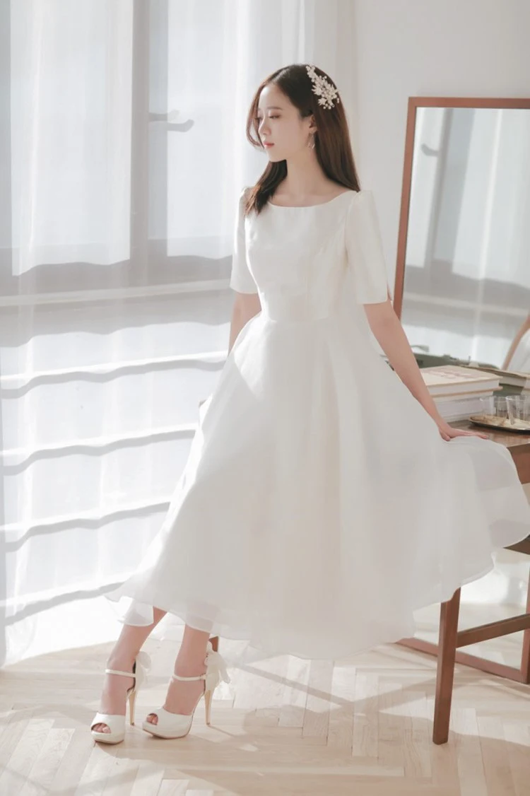 Elegant O-Neck A Line Wedding Dresses For Women Short Sleeves Bridal Gown Simple Tea-length Bride Dress Wedding Shooting Dresses