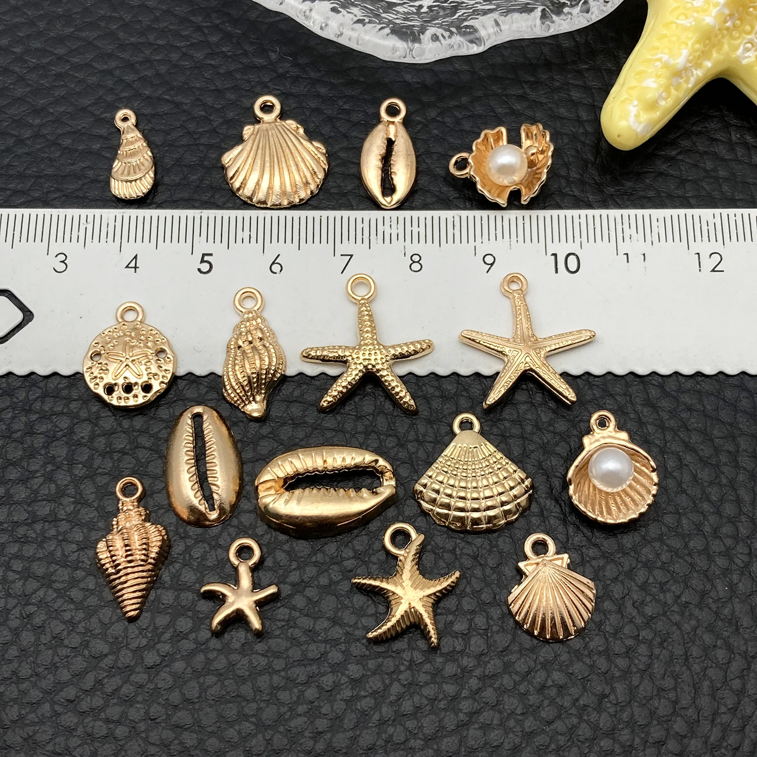 16pcs KC Gold Ocean Series Charms (Shells/Starfish - 1pc per Design) - Ideal for Crafting Necklaces, Bracelets & Earrings