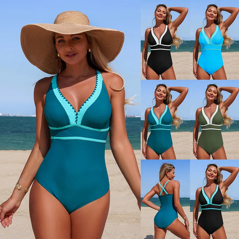 One Piece Swimsuit Swimming Suit for Women New Fashion Retro Japanese Style Backless Simple High-Waisted Beach Vacation
