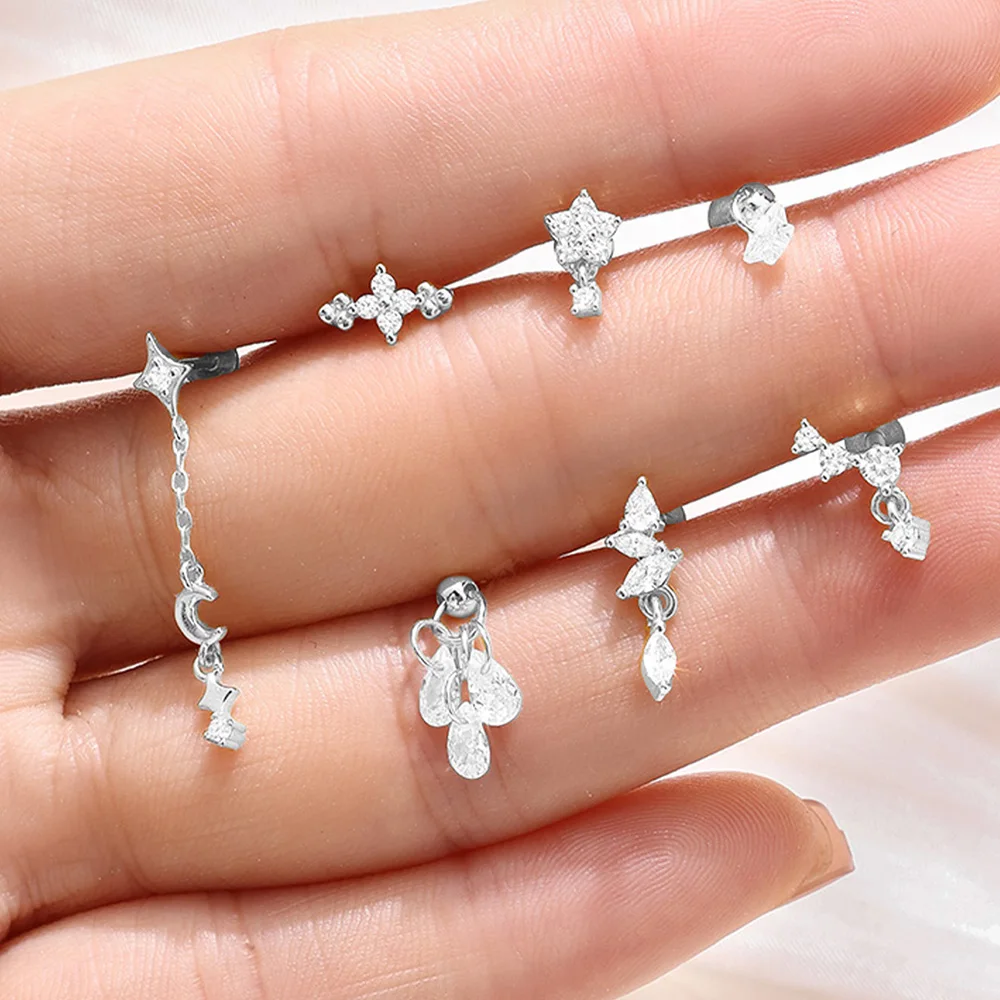 CANNER 1PC Horse Eye Flat Head Threaded Puncture Ear Bone Women 925 Sterling Silver Ins Star Flower Geometry Zircon Stud Earring view 3