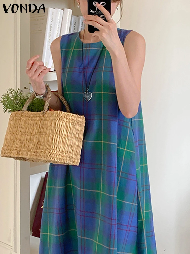 

VONDA Bohemian Retro Plaid Dresses Women Tank Sundress 2025 Summer Sleeveless Party Midi Vestido Printing Casual Loose Long Robe