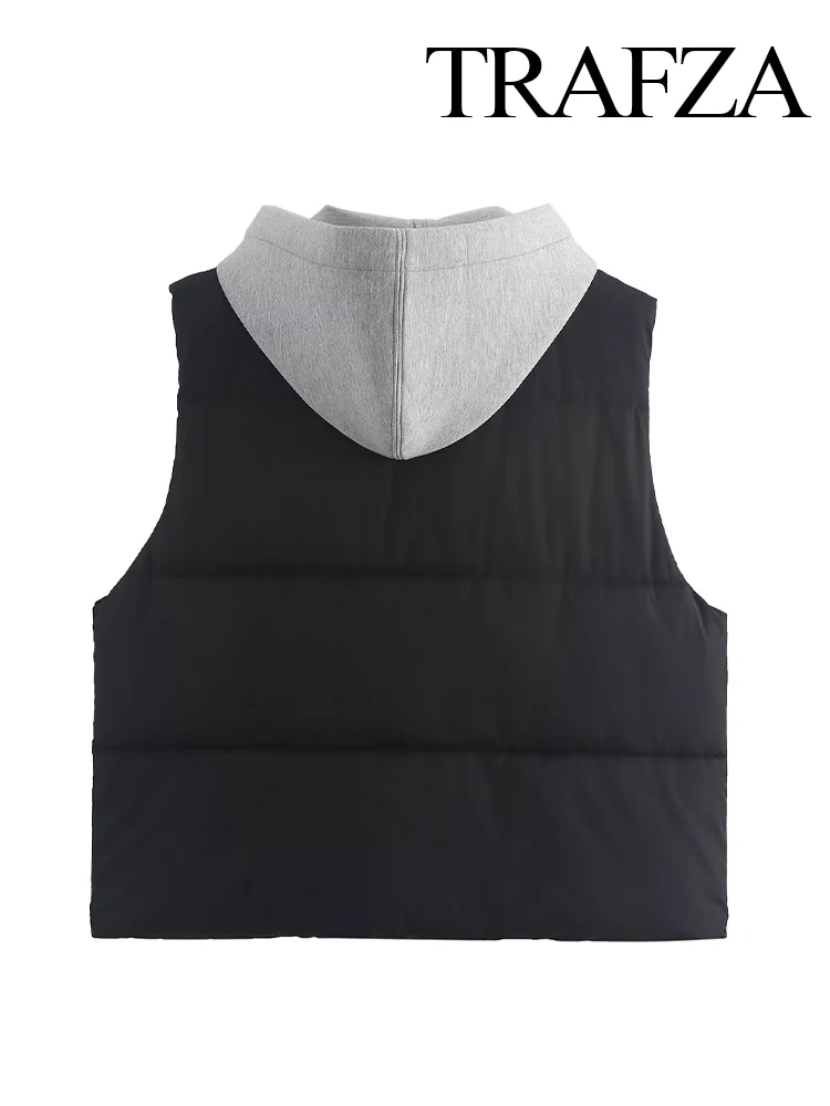 TRAFZA Women Winter Fashion Hooded Spliced ​​Zipper Concealed Button Cotton Vest Female Chic Pocket Casual Sleeveless Coat Mujer