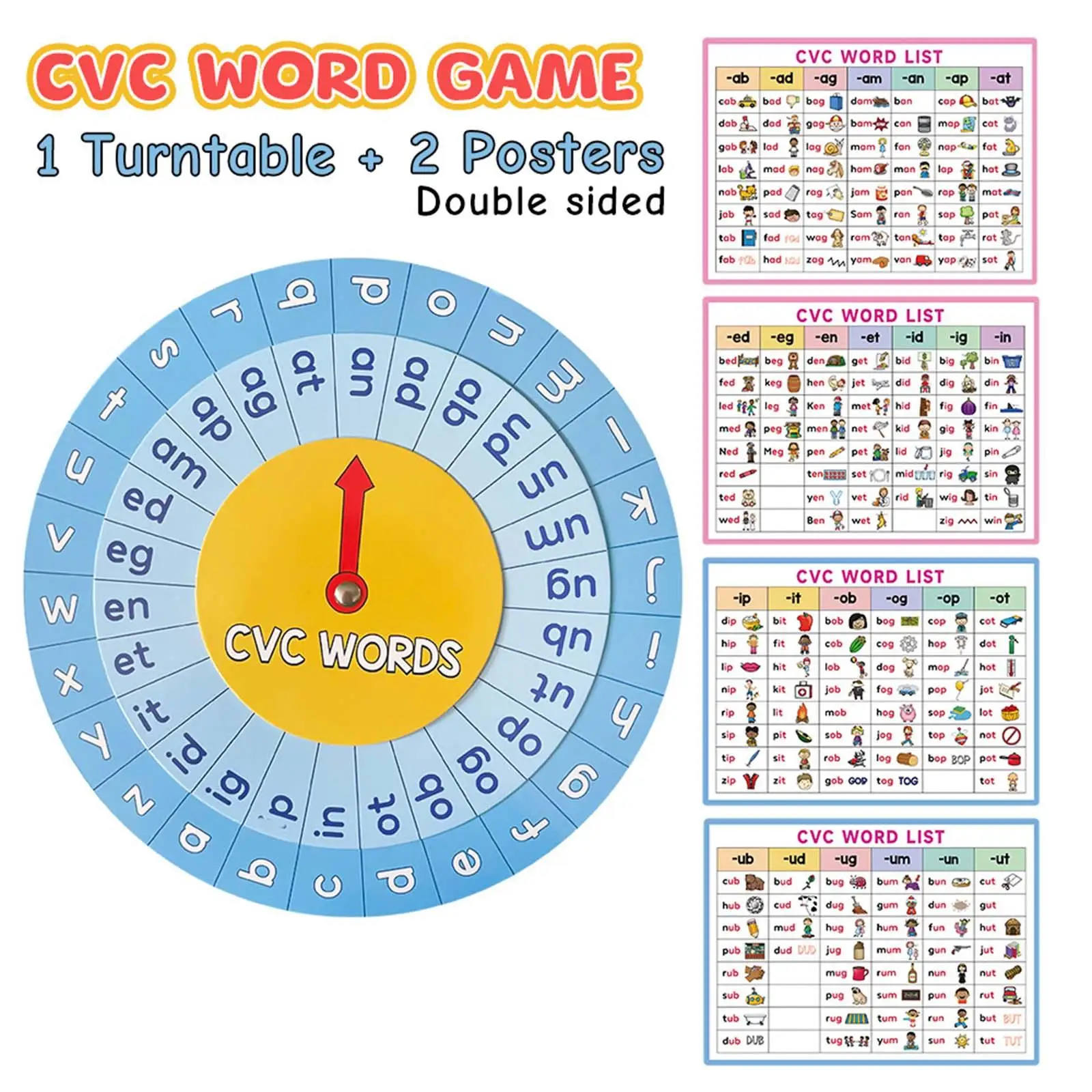 CVC Word Spelling Learning Turntable Wheel Phonics Posters Educational Paper Toy for Preschool Classroom Kids