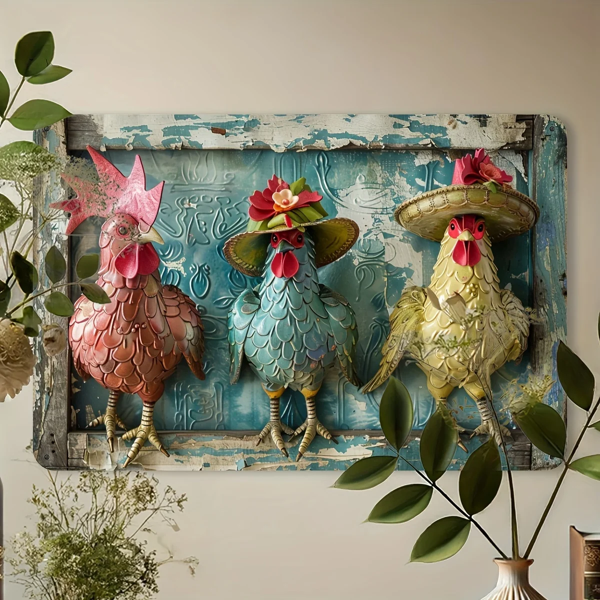 Rustic Farmhouse Vintage Metal Chicken Tin Sign, Decorative Wall Art for Home and Garage, Indoor Outdoor Hanging Decor