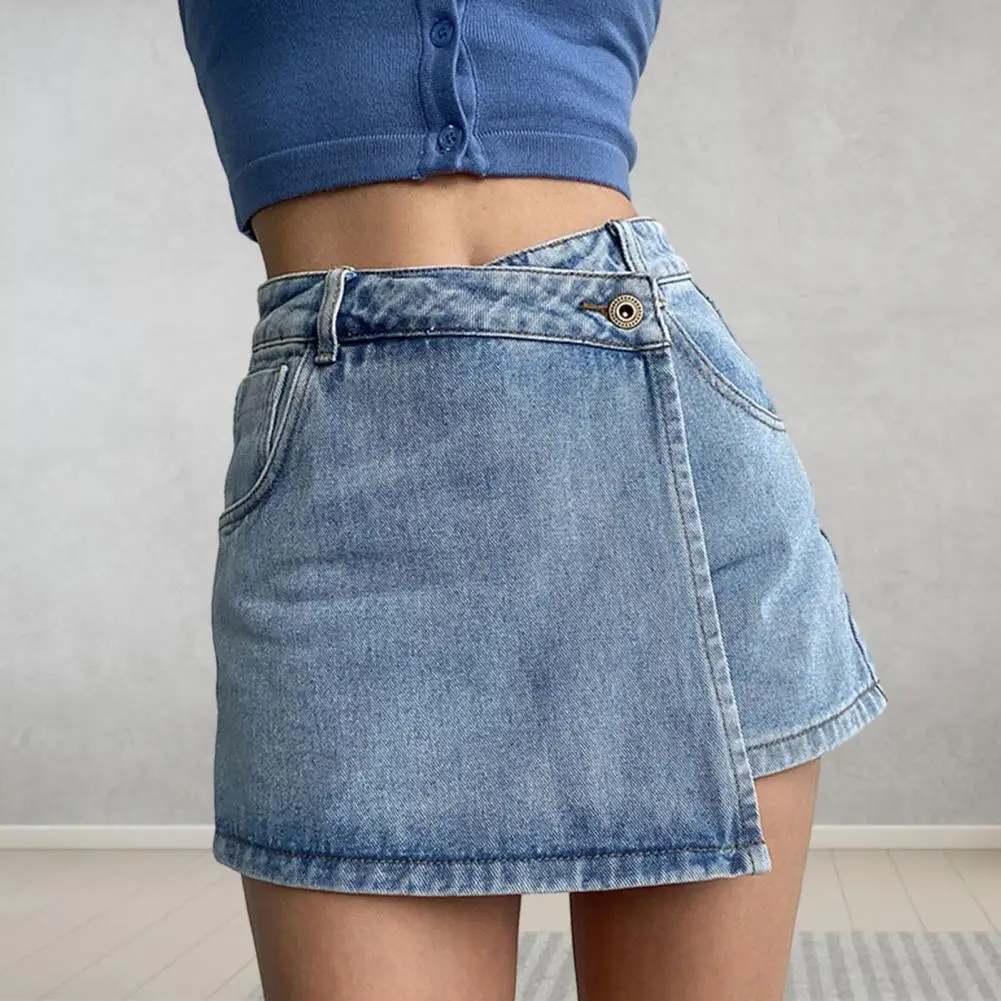 

Vintage Mini Denim Skirt Shorts Women A-line Fake Two-piece High Waist Tummy Control Slim Summer Asymmetrical Student Shorts