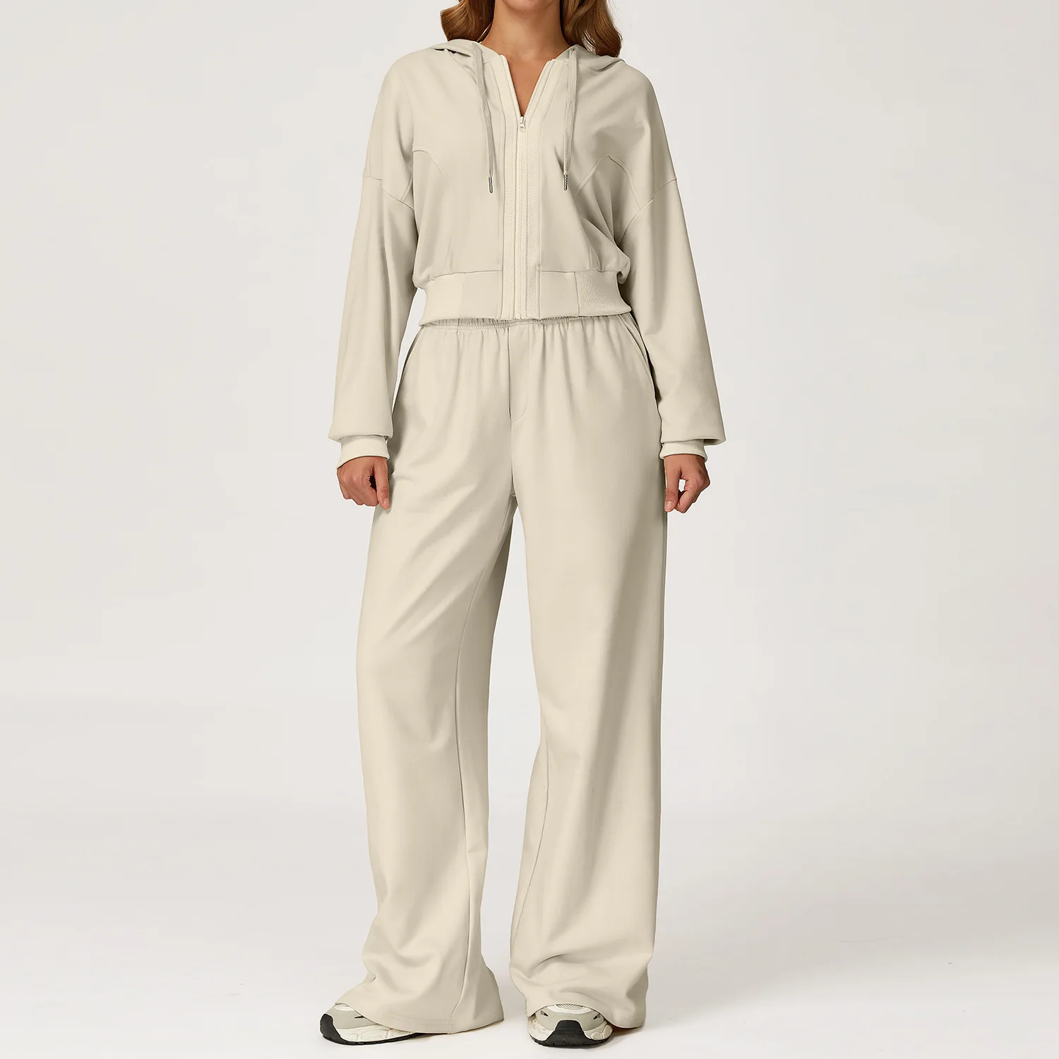 

2Pcs Set Women Autumn Winter Zippered Hooded Sweatshirts Loose Fit Drawstring Straight Leg Sweatpants Gym Sportswear Sports Set