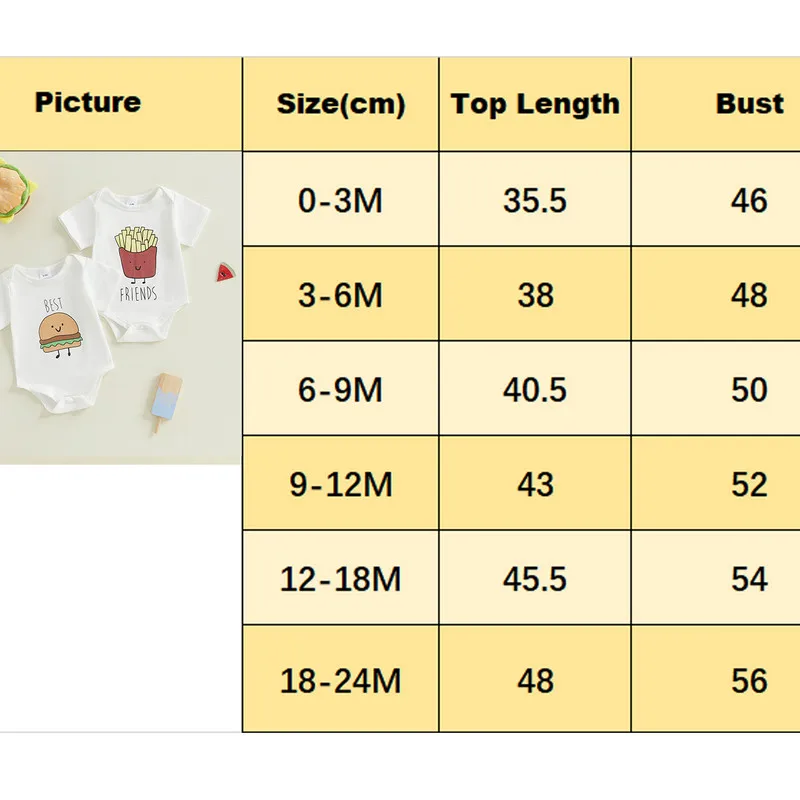 RUEWEY 0 to 12 Months Baby Girl Boy Bodysuit Summer Clothes Cartoon French Fries/Burger Print Short Sleeve Crew Neck Jumpsuit