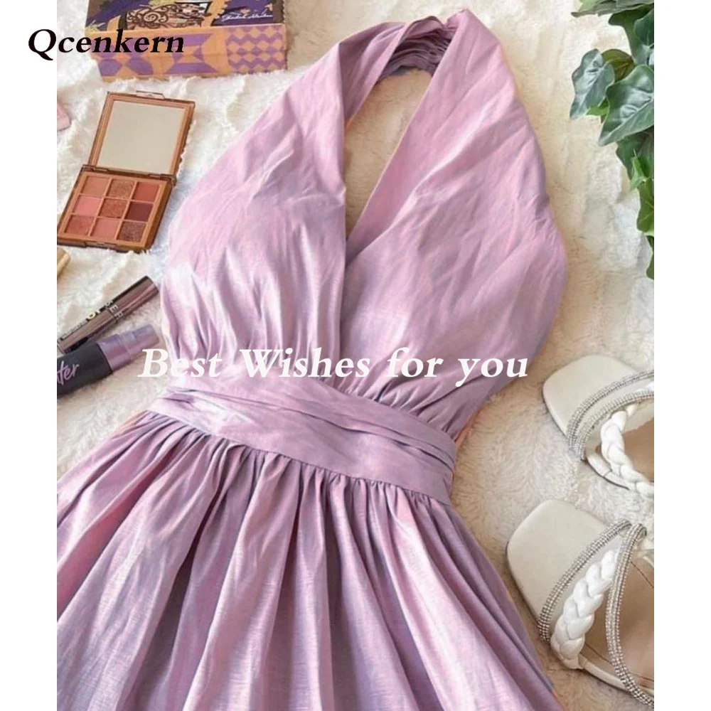 Qcenkern Halter Neck Evening Formal Saudi Arabia Satin Sleeveless Purple Simple Party Dresses Gowns Women Robes de Soirée 2023