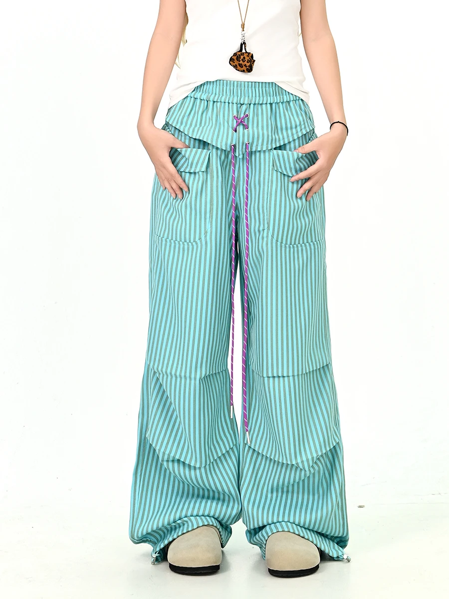 

Синие полосатые свободные женские повседневные брюки в винтажном стиле с широкими штанинами, удобные, в стиле бойфренд, осенняя новинка, модные