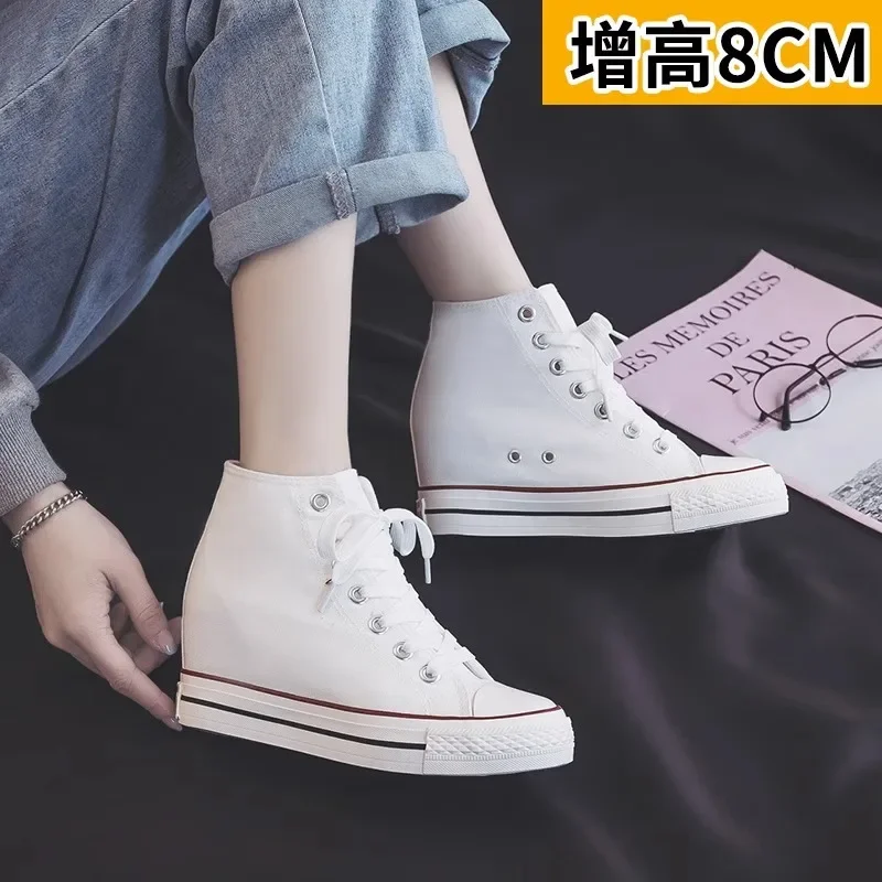 2025 New 8cm High Heels Shoes Casual Canvas Sneakers Designer Platform Wedges Ladies Hidden Wedge Elevator Shoes White black