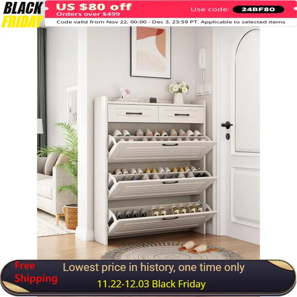 Shoe Cabinet, Freestanding Shoe Organizer with 3 Flip-Flop Drawers with Metal Drawer Holders, Shoes Storage Shelf