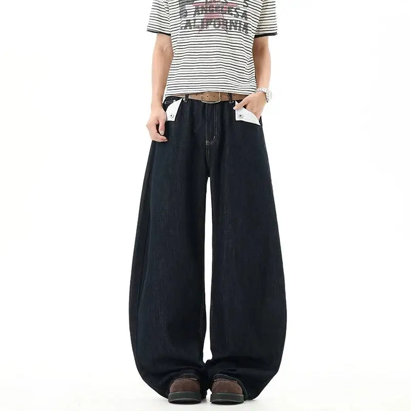 Oversized Silhouette Black Men's Denim Pants American Waist Button Loose Wide Leg Jeans Casual Street Long Trousers JXC1