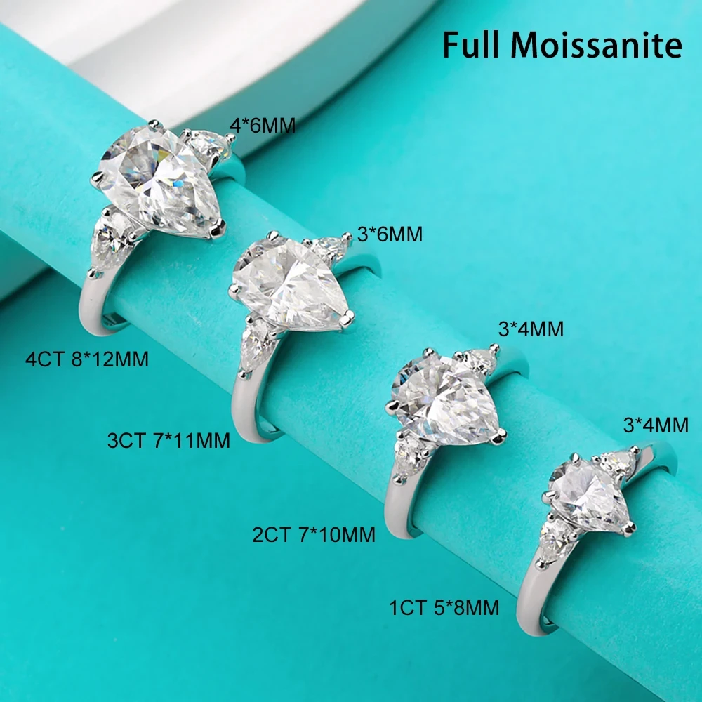 1/2/3/4CT Pear Cut Full Moissanite Engagement Ring for Women 925 Sterling Silver Waterdrop Three Stone Wedding Band Jewelry Gift