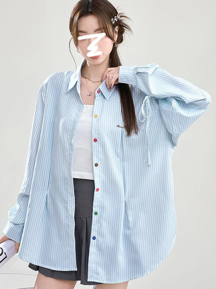 Chemise rayée à boutons de couleurs pour femmes, ample, doux, manches longues, chemisier élégant, mode coréenne, décontracté, surdimensionné, hauts mignons