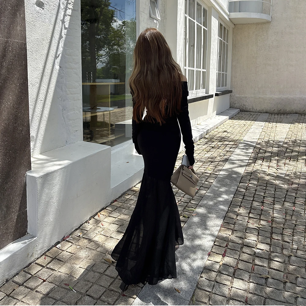 Robe queue de poisson élégante à manches longues pour femmes, jupe cintrée en mousseline de soie, épaules dénudées, tissu Polyester, Style français 2025