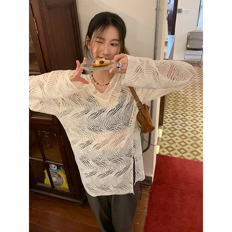 T-shirty z długim rękawem dla kobiet 2025 Ropa Mujer Hollow Out Casual Fashion Y2k Tops Thin Camisetas Summer Tees See Through Tshirt