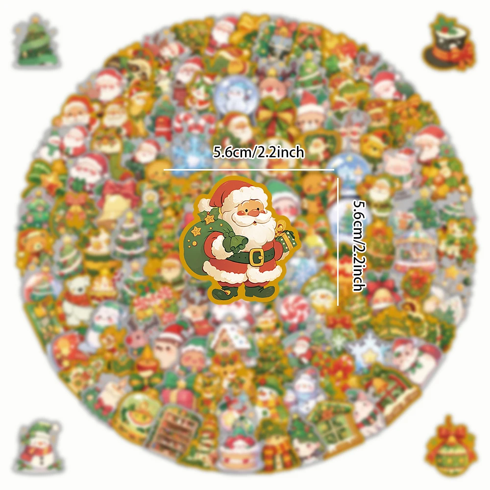 200PCS Hot Gold Gift Box Cartoon Christmas Stickers Santa Claus Christmas Tree Decoration Waterproof Stationery Notebook Sticker