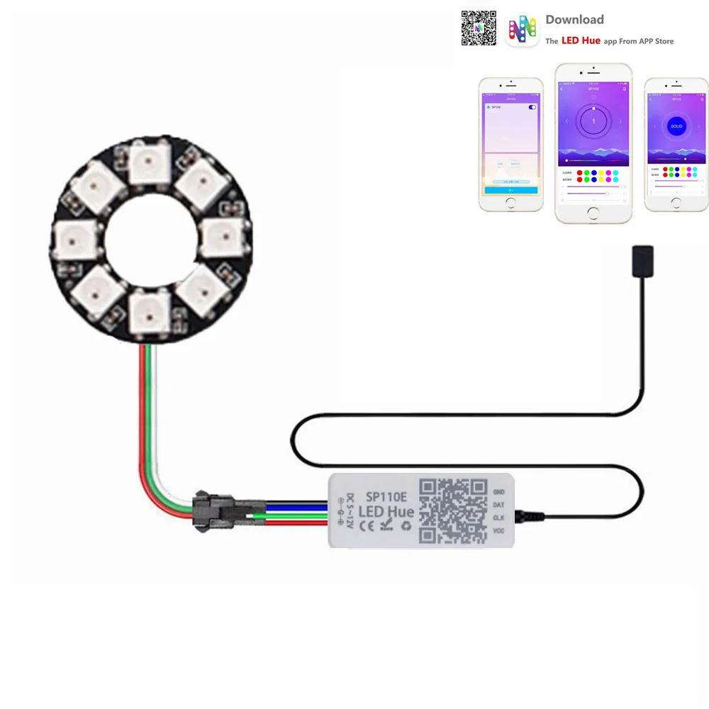 

SP110E Controller Kit RGB Ring IC BuiiN Lights DC5V-24V WS2812B 8/16/24/35/45LEDS PIXEL White Black PCB DC5V