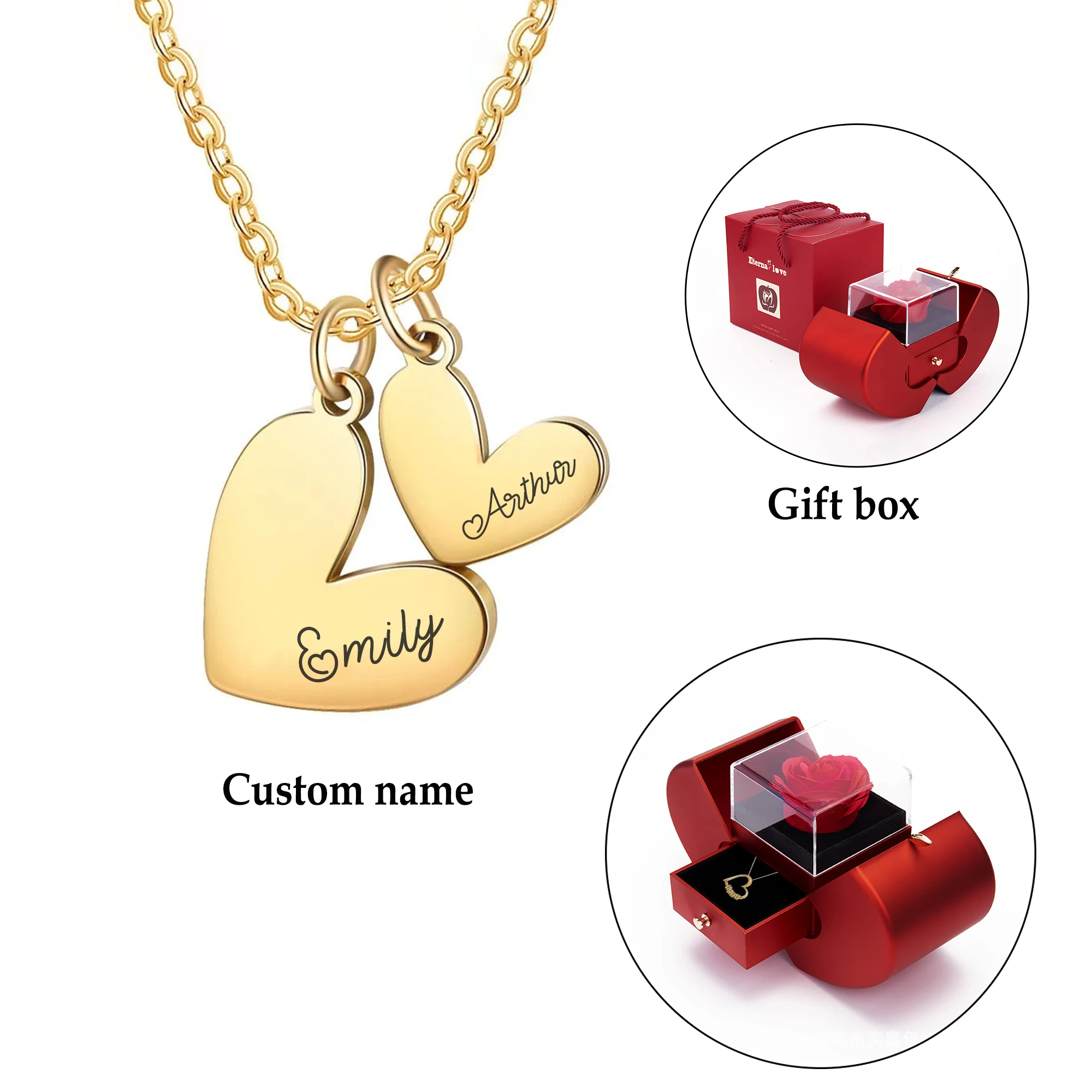 Engraved Heart Name Necklace with Rose Box Personalized Double Pendant Valentine's Day Gift High Quality Customized Jewelry