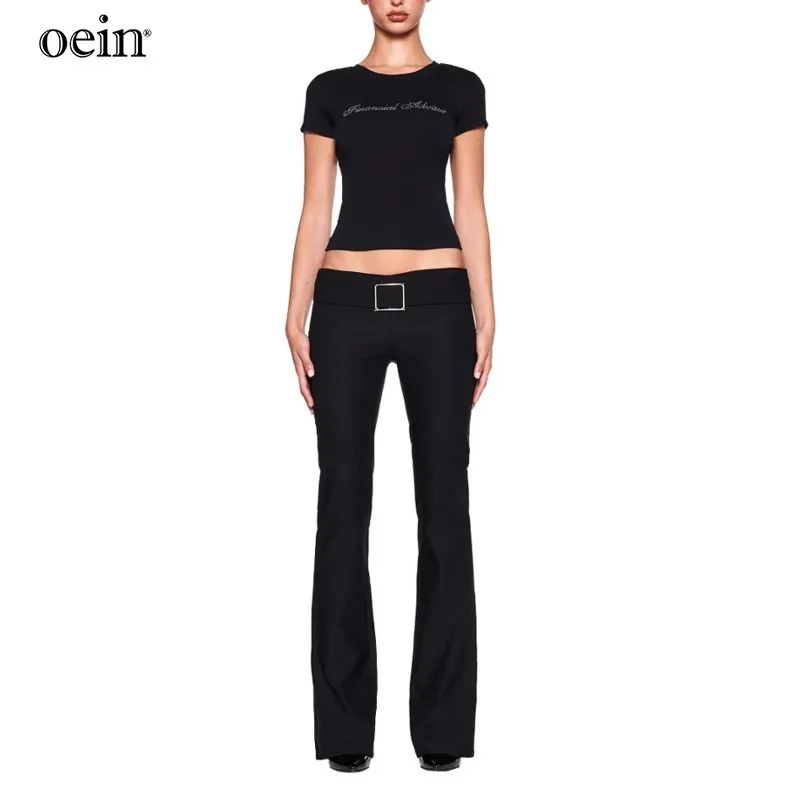 [oein] Winter New American Style Spicy Girl Black Low Waisted Square Buckle Belt Looks Slim, Slightly Flared Wide