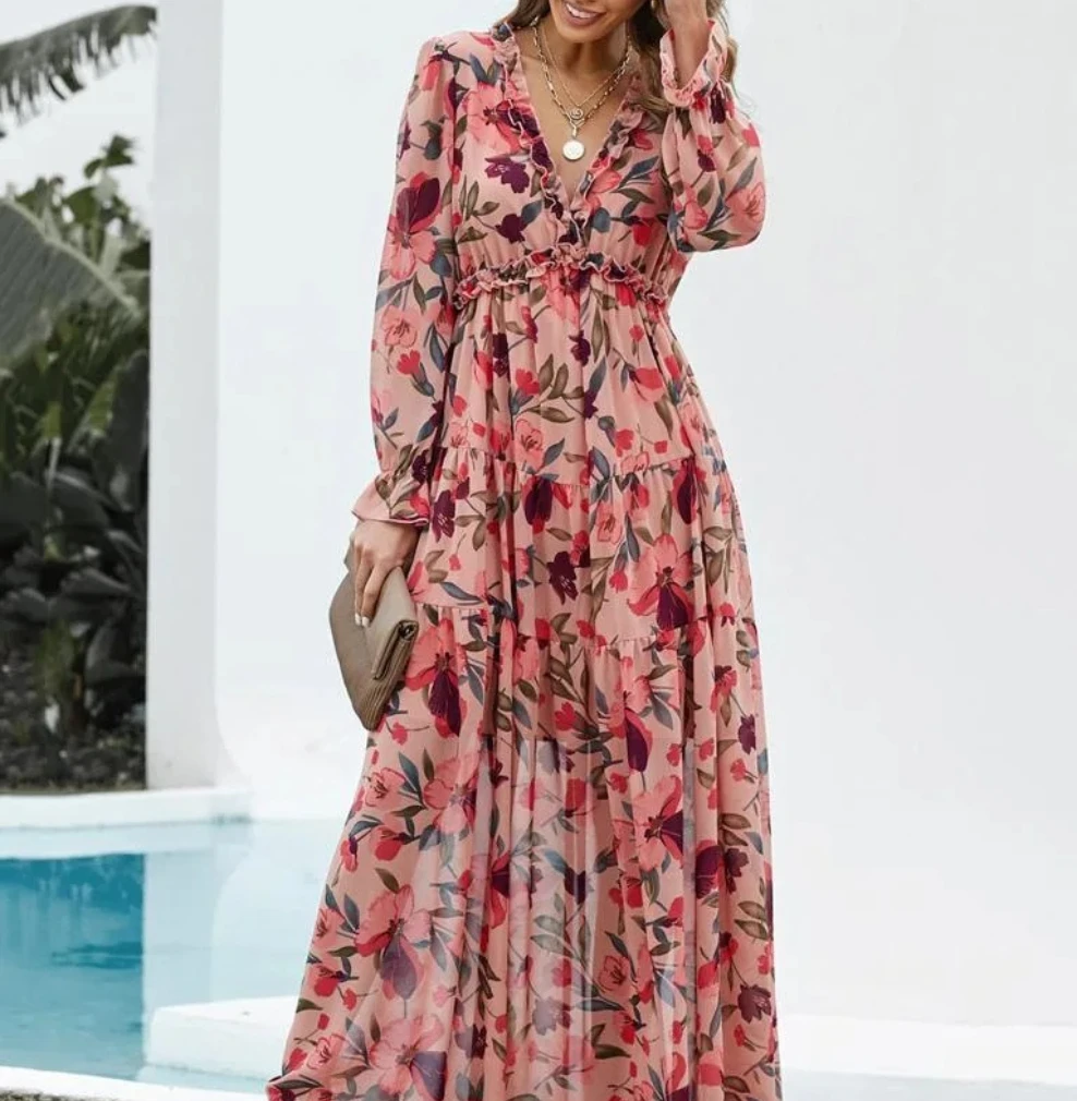 Abiti estivi con scollo a V stampati di nuova moda per le donne Streetwear Trend Elegante abito lungo da fata a maniche lunghe Abbigliamento femminile