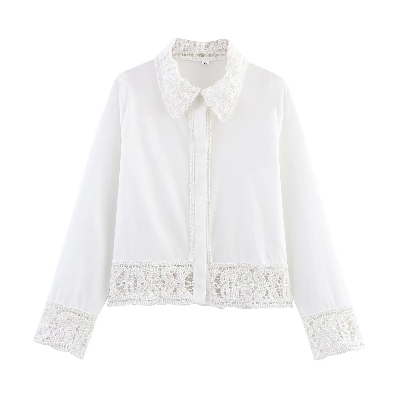 Withered 2026 Summer New Product European And American Style Fashion French Crochet Long Sleeve Collar Temperament Shirt Top