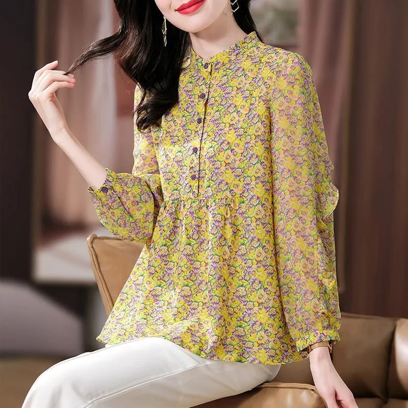 Autumn Elegant Fashion Round Collar Dignified Shirt New Women Natural Scenery Long Lantern Sleeve Loose Casual Button Floral Top