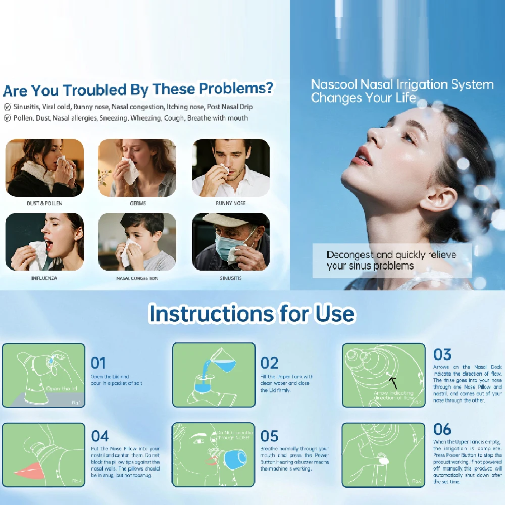 Nasal Irrigation System Electric Sinus Rinse Machine Dual Water Tank Self-Cleaning Washer with 30 Salt Packets for Sinus Care - view 3