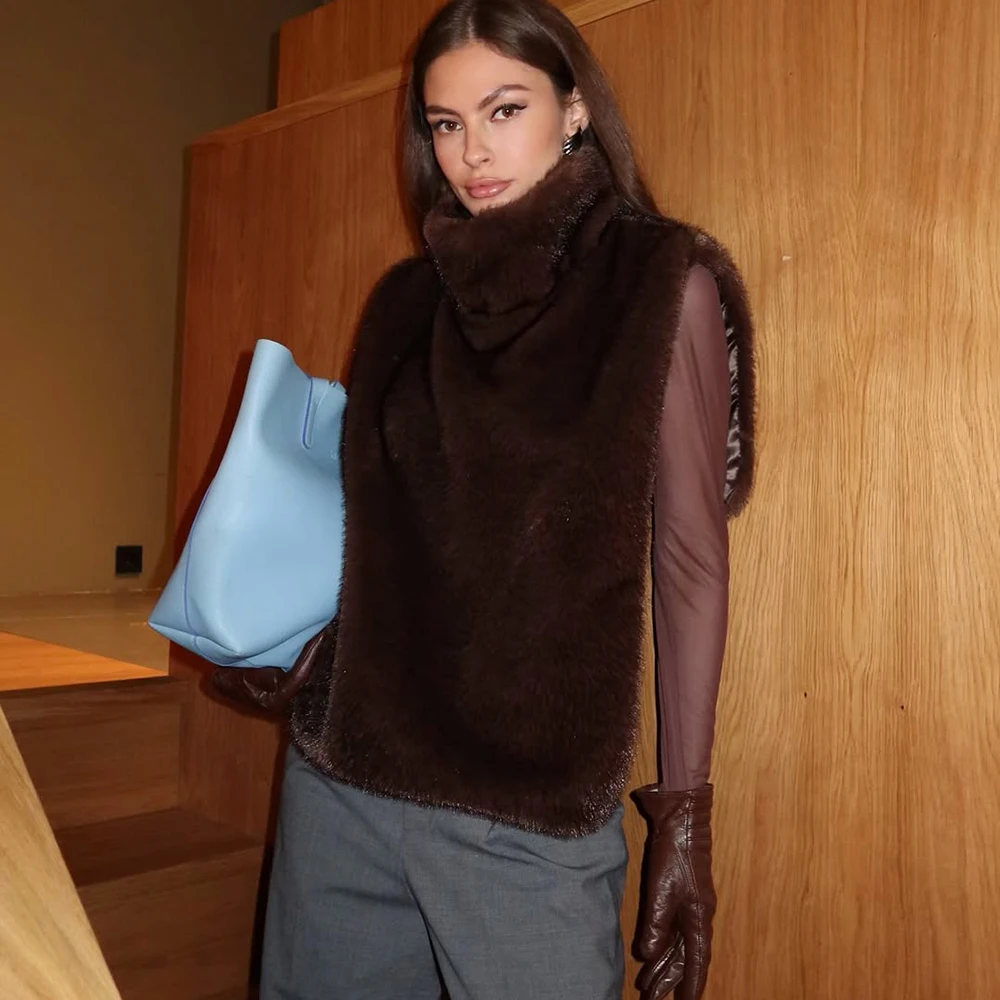 

Tuularose женский однотонный жилет из искусственного меха для отдыха, повседневный свободный жилет без рукавов с высоким воротником, женская мода, новые шикарные жилеты Highstreet