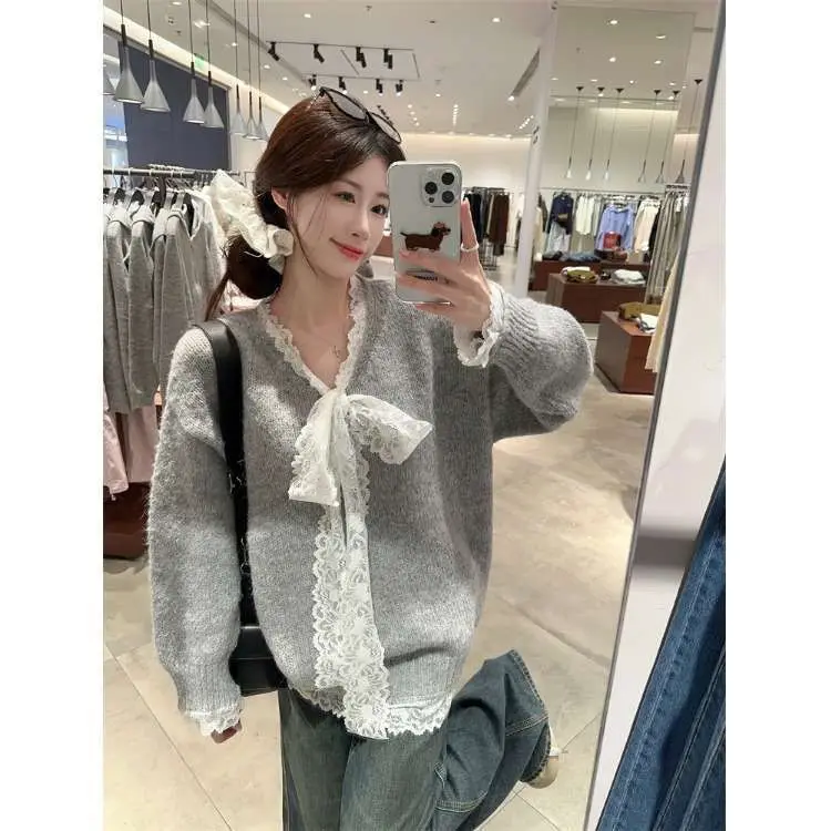 

Y2K Korean Fairy Bow Knitted Pullover Female Sweet Lace Japanese Loose Sweater Office Lady Autumn Winter Oversized Y2k Outfits