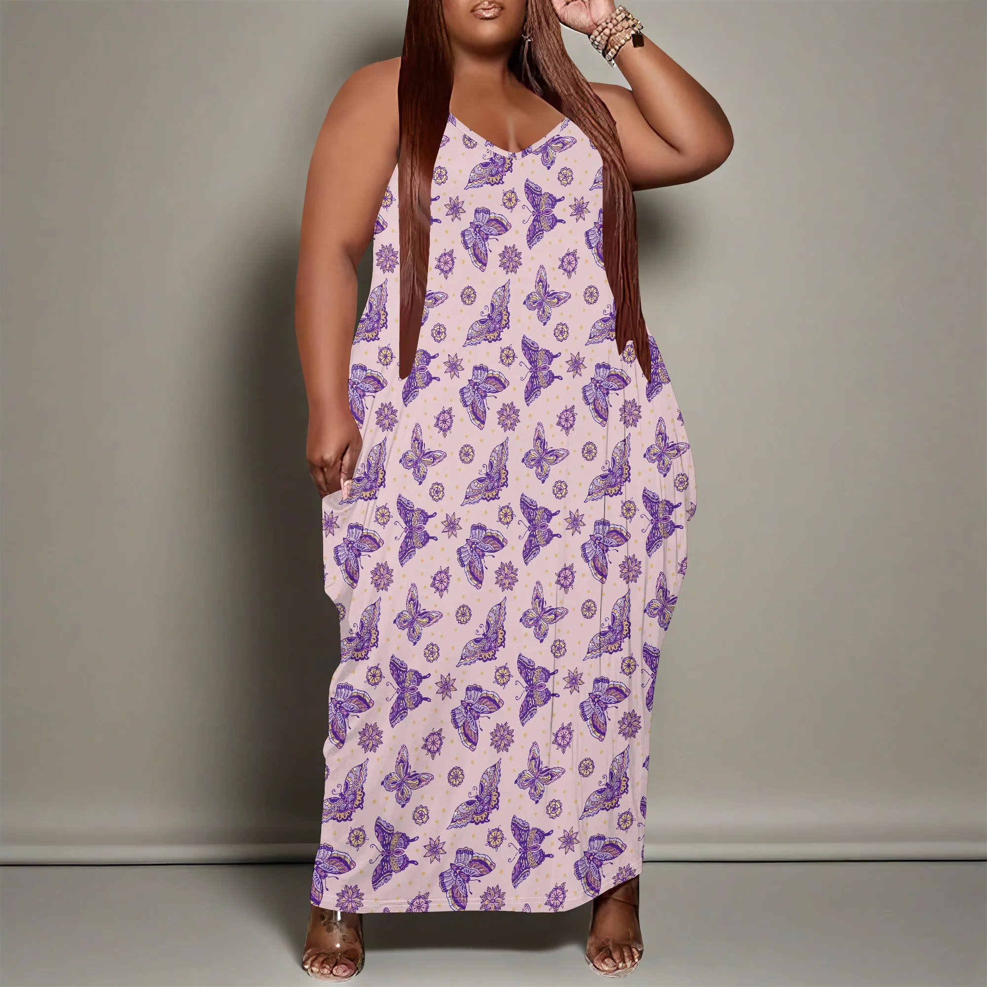 여성용 플러스 사이즈 드레스 포켓이 있는 루즈한 홀터 맥시 드레스 통기성 캐주얼 나비 프린트 XL-6XL