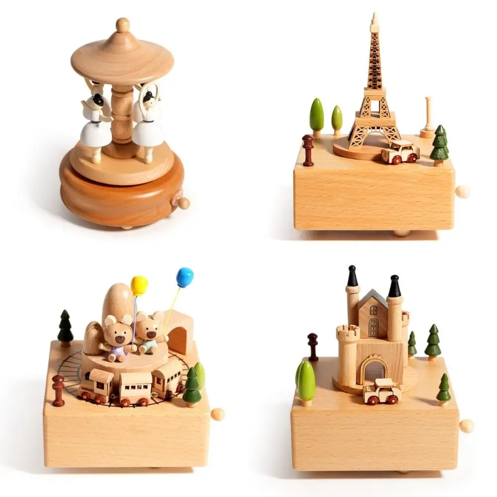 Mechanical Wood Craft Wooden Music Box Carousel Retro Rotary Music Box Music Box Ornaments Home Decoration