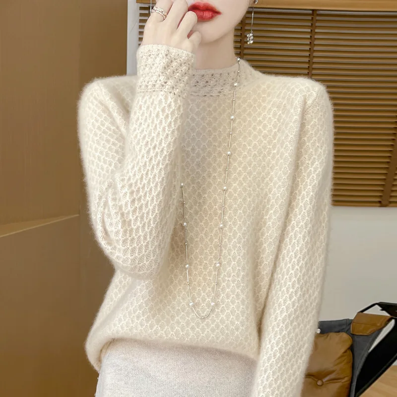 가을 겨울 세미 터틀넥 100% 울 스웨터 여성용 두꺼운 허니콤 자카드 솔리드 루즈 다용도 패션 니트 스웨터